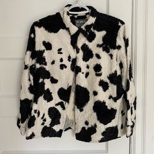 Fuzzy cow hide print button up shirt